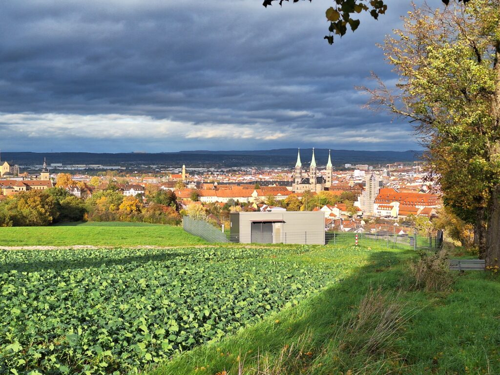 An image of Bamberg from a distance showing the spires of the local cathedral